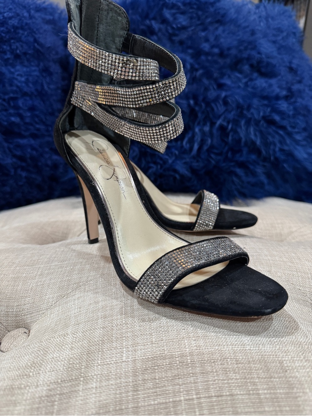 Jessica Simpson Black Rhinestone Strappy High Heel Sandals